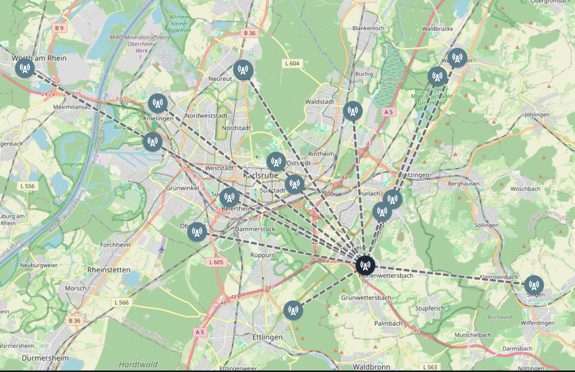 Karte mit Meshcore Standorten in Karlsruhe
